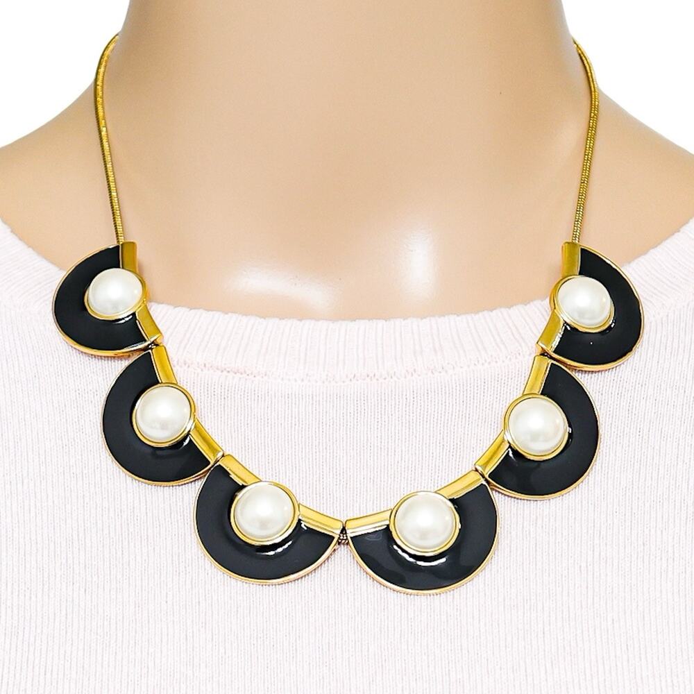 Kate Spade Gold Tone Necklace 18” Enamel Faux Pearl Geometric Scallop Classic